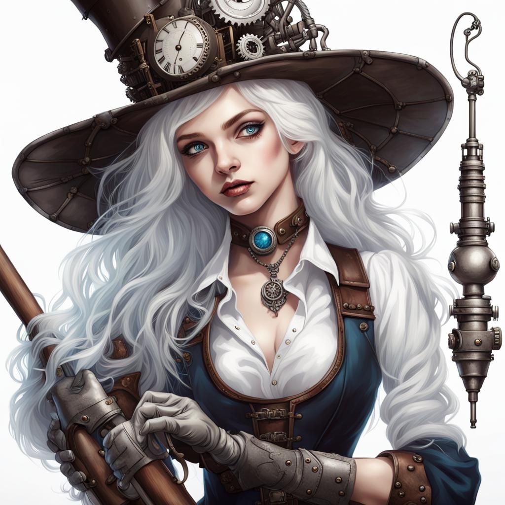 Steampunk Girl with Bat and Blue Eyes