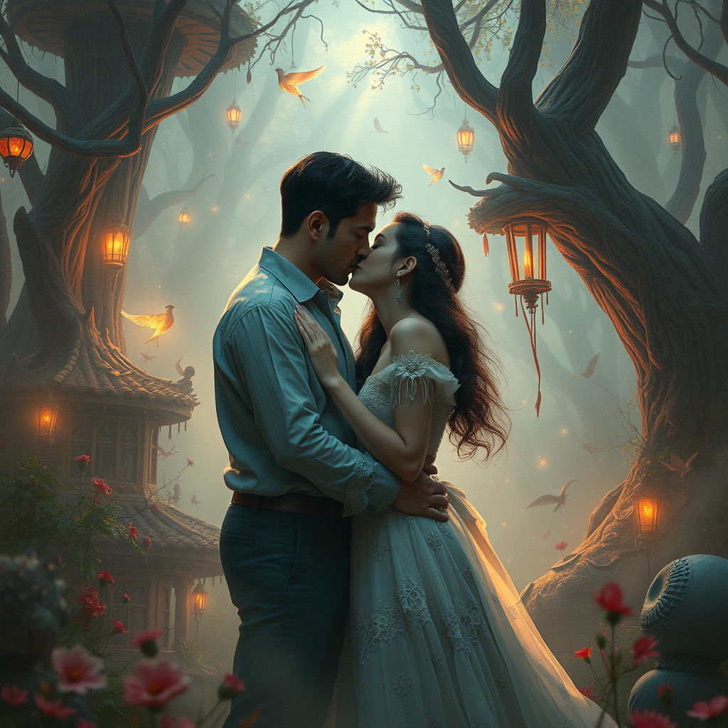Dreamlike Embrace in Eerie Fantasy Landscape