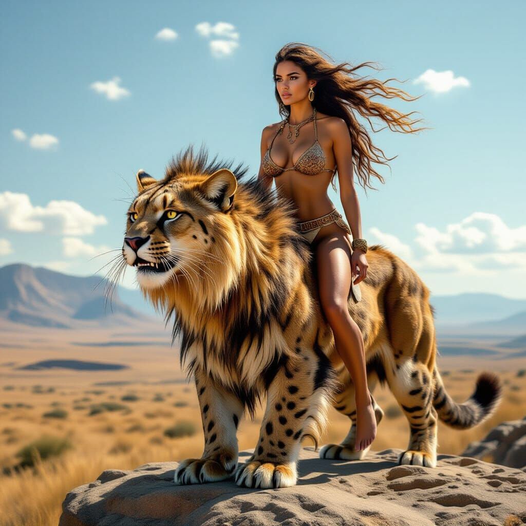 Woman Rides Saber-Toothed Cat in Prehistoric Landscape