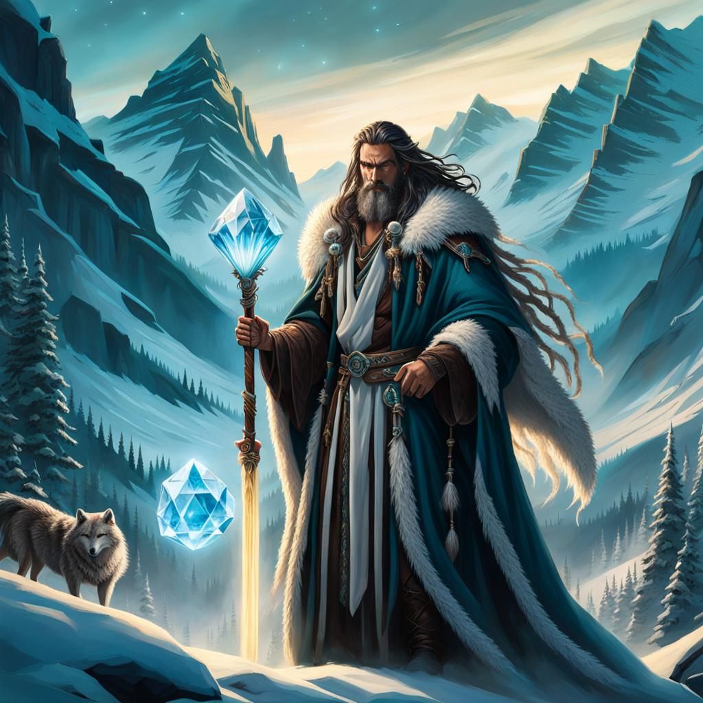 Mystical Druid with Crystal Staff in Mountain Valley
