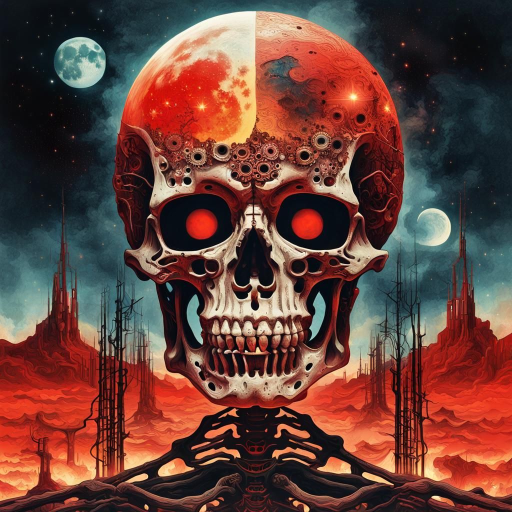 Skeleton Head Double Exposure Collage in Surreal Style