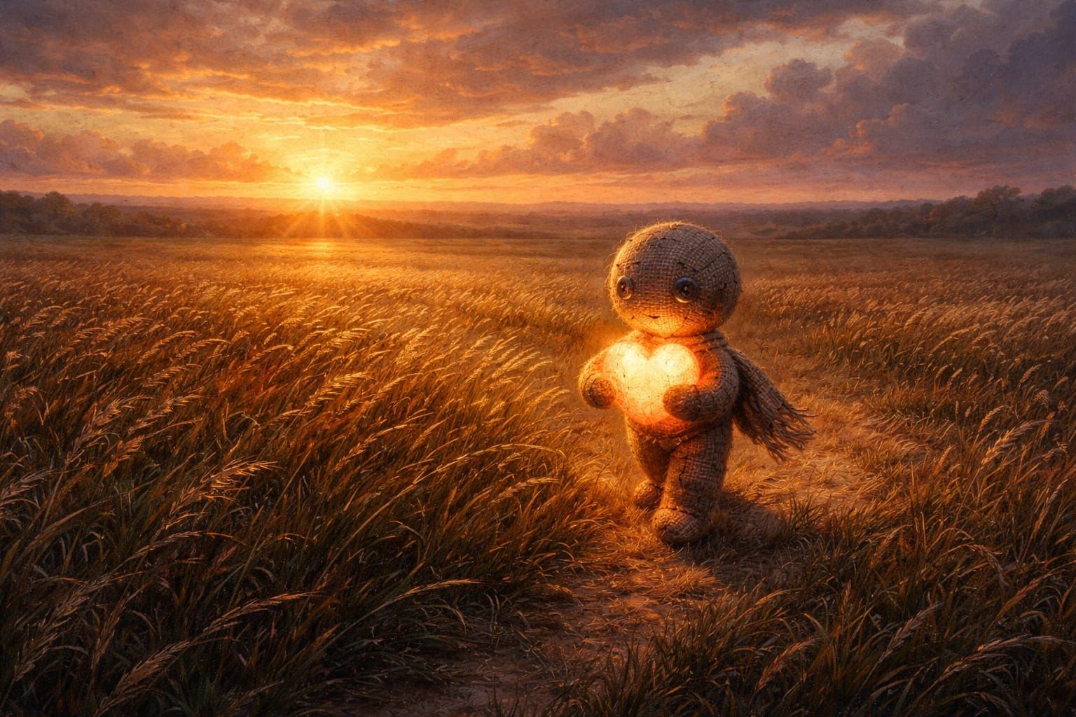 Romantic Oil Painting of Character in Sunset Field