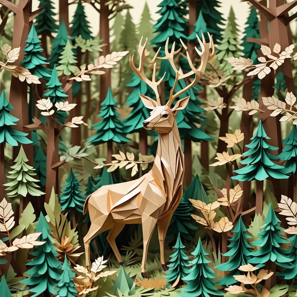 Colorful Origami Deer in Pine Forest