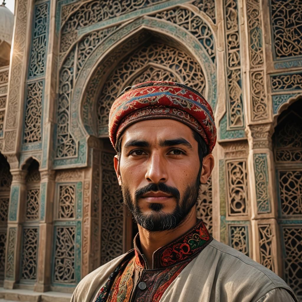 Afghan Man Portrait with Mosque in Golden Light