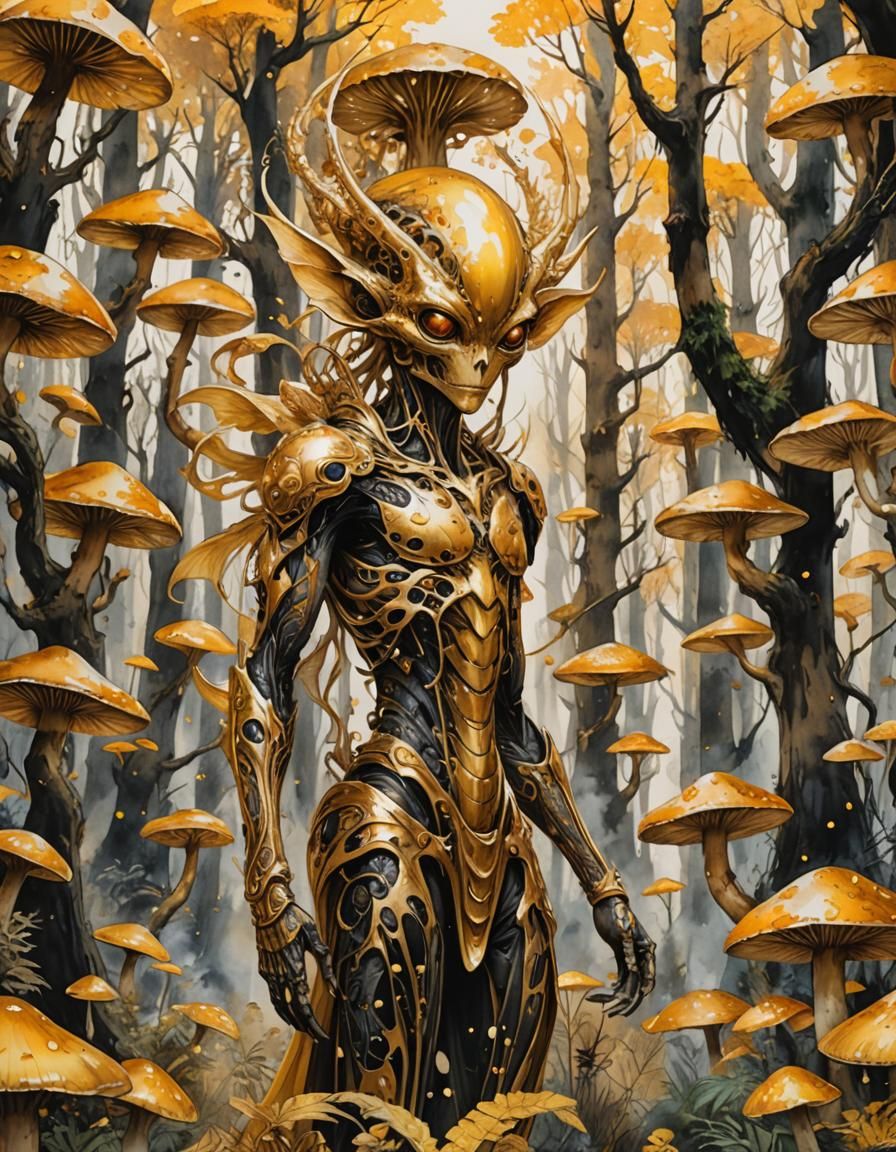 Golden Alien in a Gilded Forest, Fantasy Watercolor