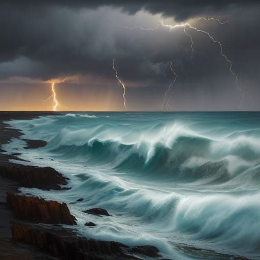 Dramatic, Tempestuous Seascape in Neo-Impressionist Expressi...