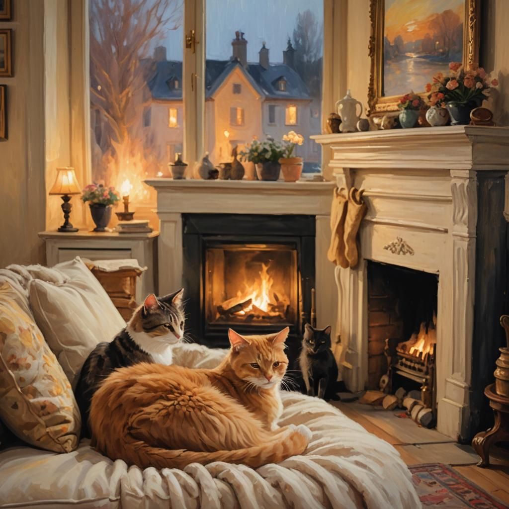 Impressionistic Living Room Scene with Cats