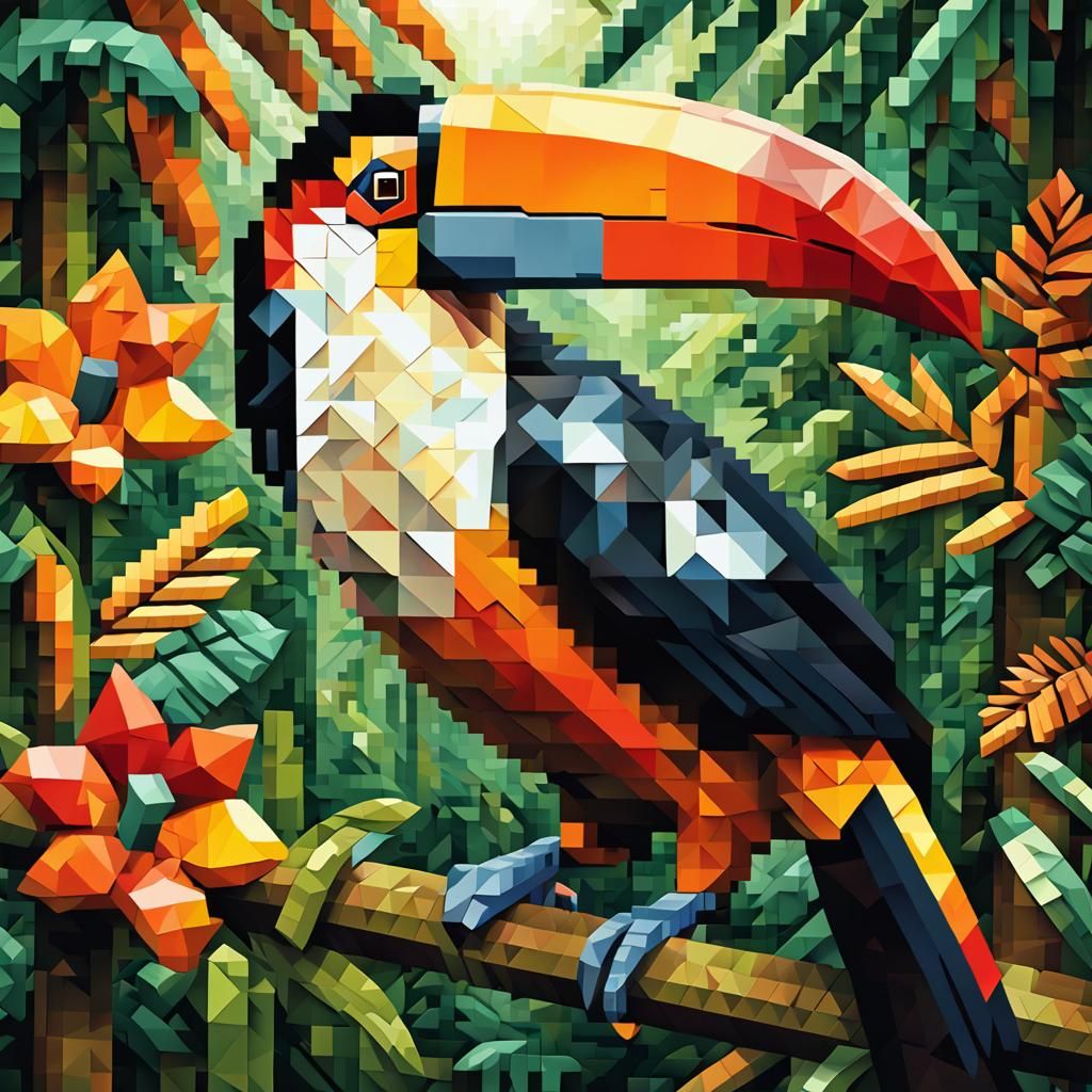 Cubist Pixel Art: Toco Tucan in Rainforest