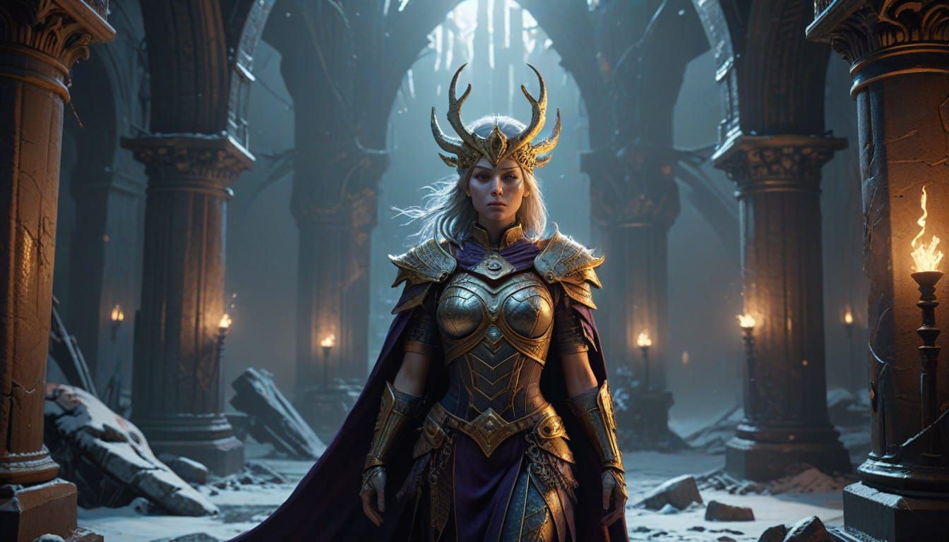 Golden Goddess in Valhalla's Dramatic Black Sun Setting