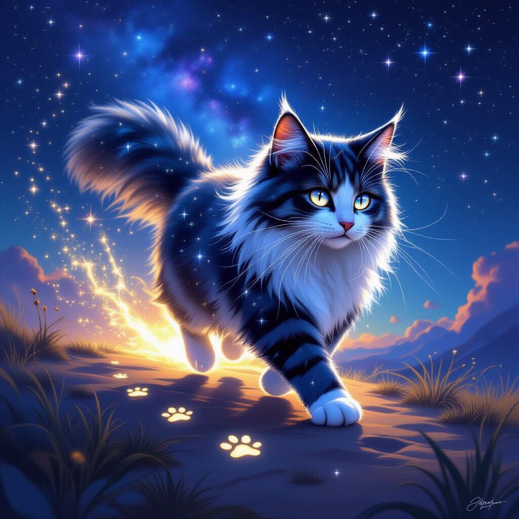 Celestial Warrior Cat Running Across Milky Way