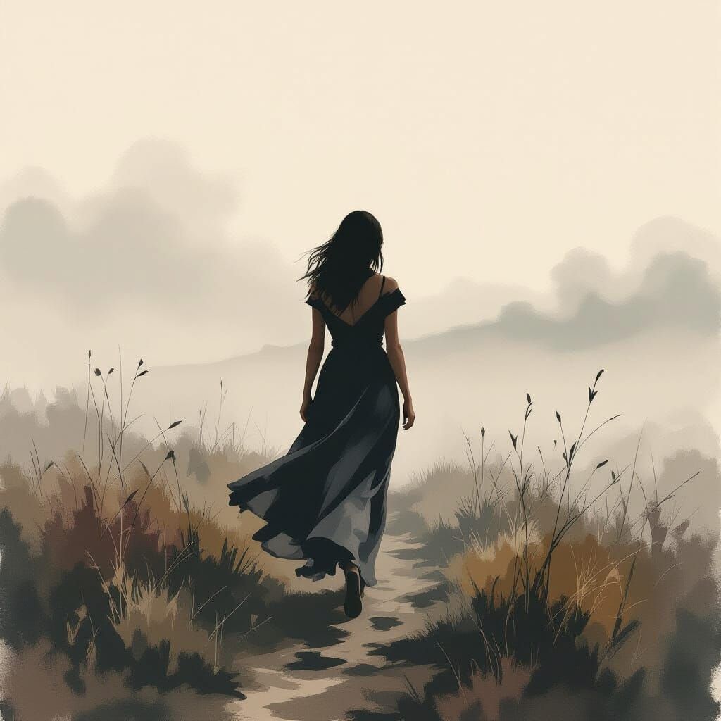 Woman Strolls Through Misty Landscape in Abstract Style