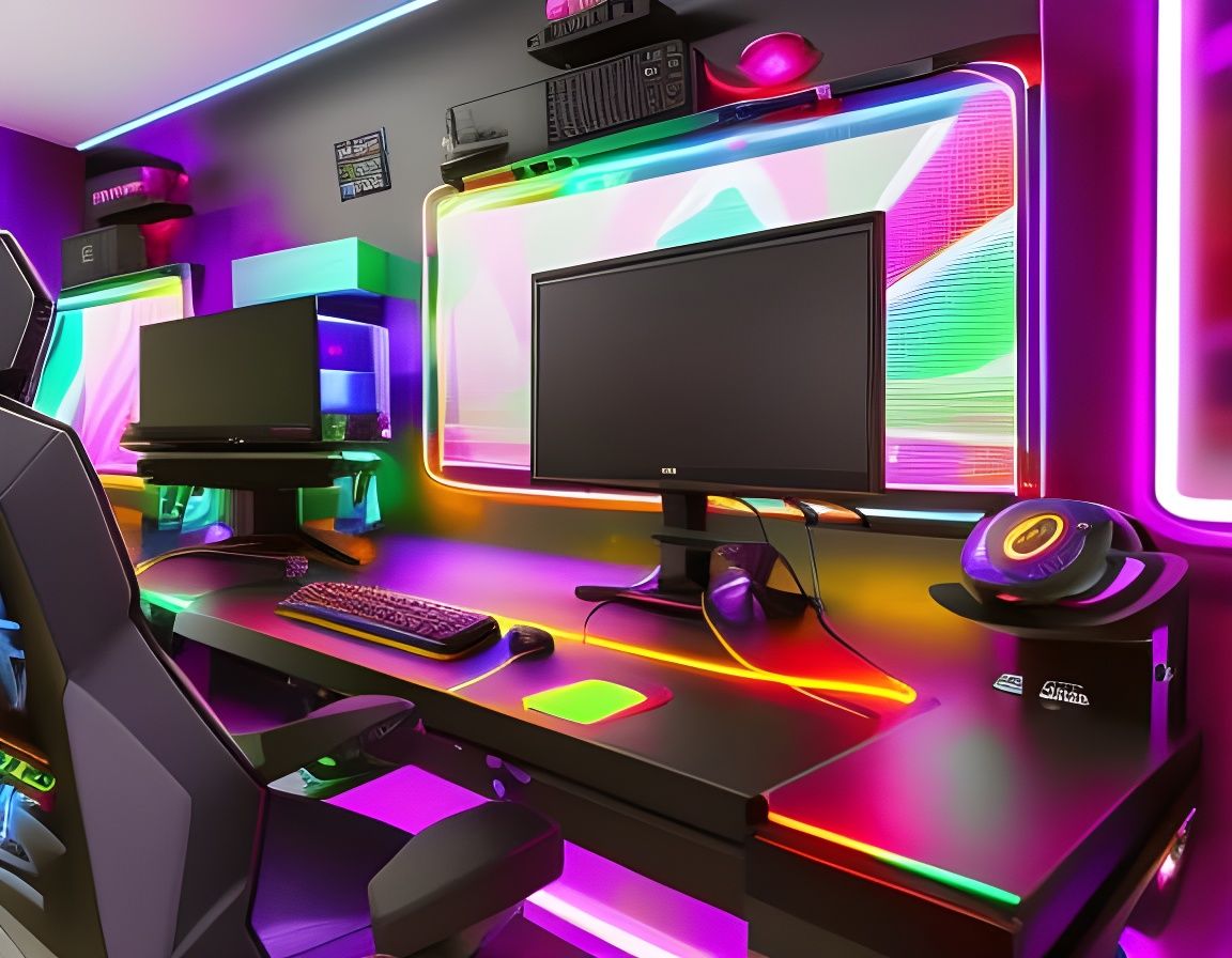 Detailed Gaming Computer Setup in Neon Room