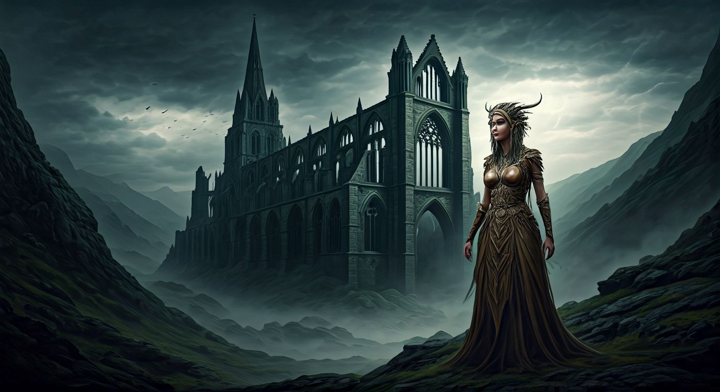 Druid in Ruined Cathedral, Dark Fantasy Scene