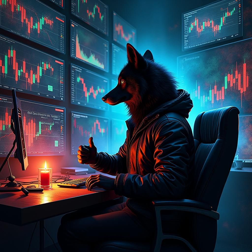 Wolf Crypto Trader in Futuristic Cyberpunk Room