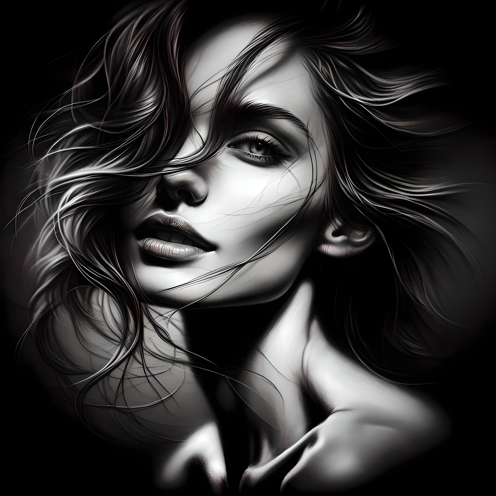 Monochrome Portrait of Woman in Motion
