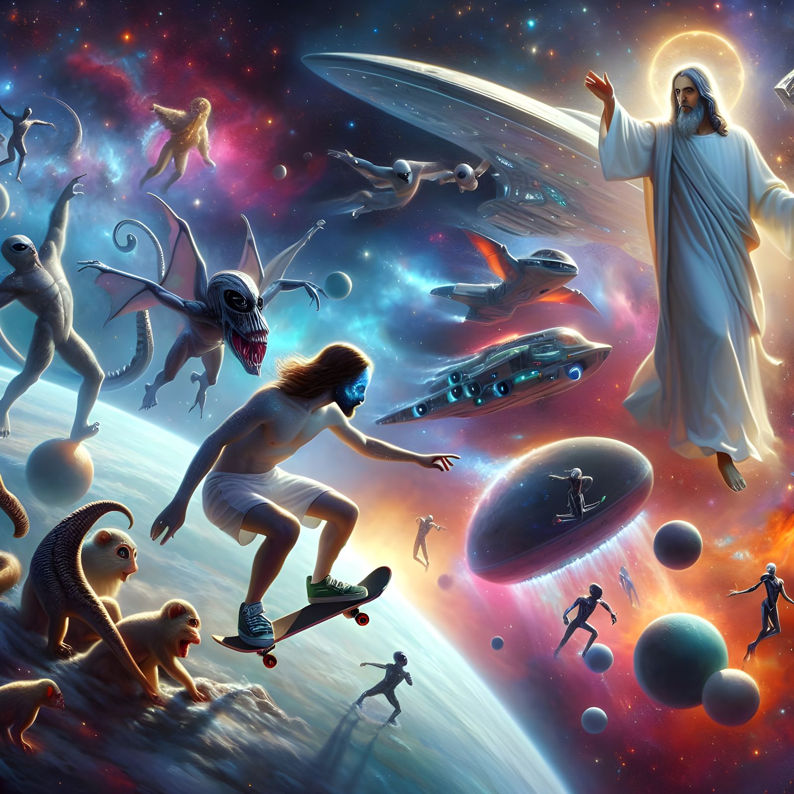 Skateboarding Jesus with Aliens in Space, Digital Art
