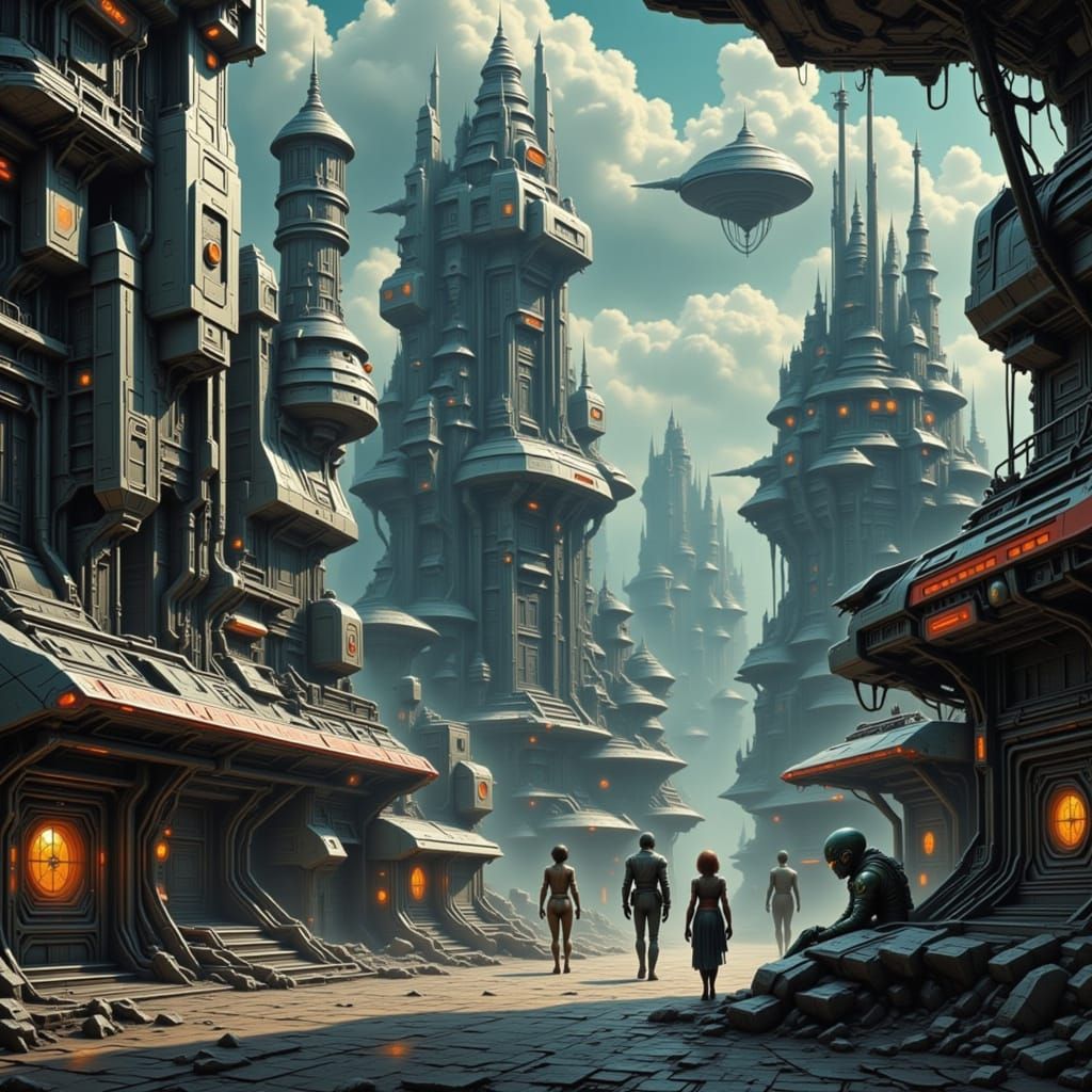 Ultra-Futuristic Sci-Fi City with Humans and Aliens