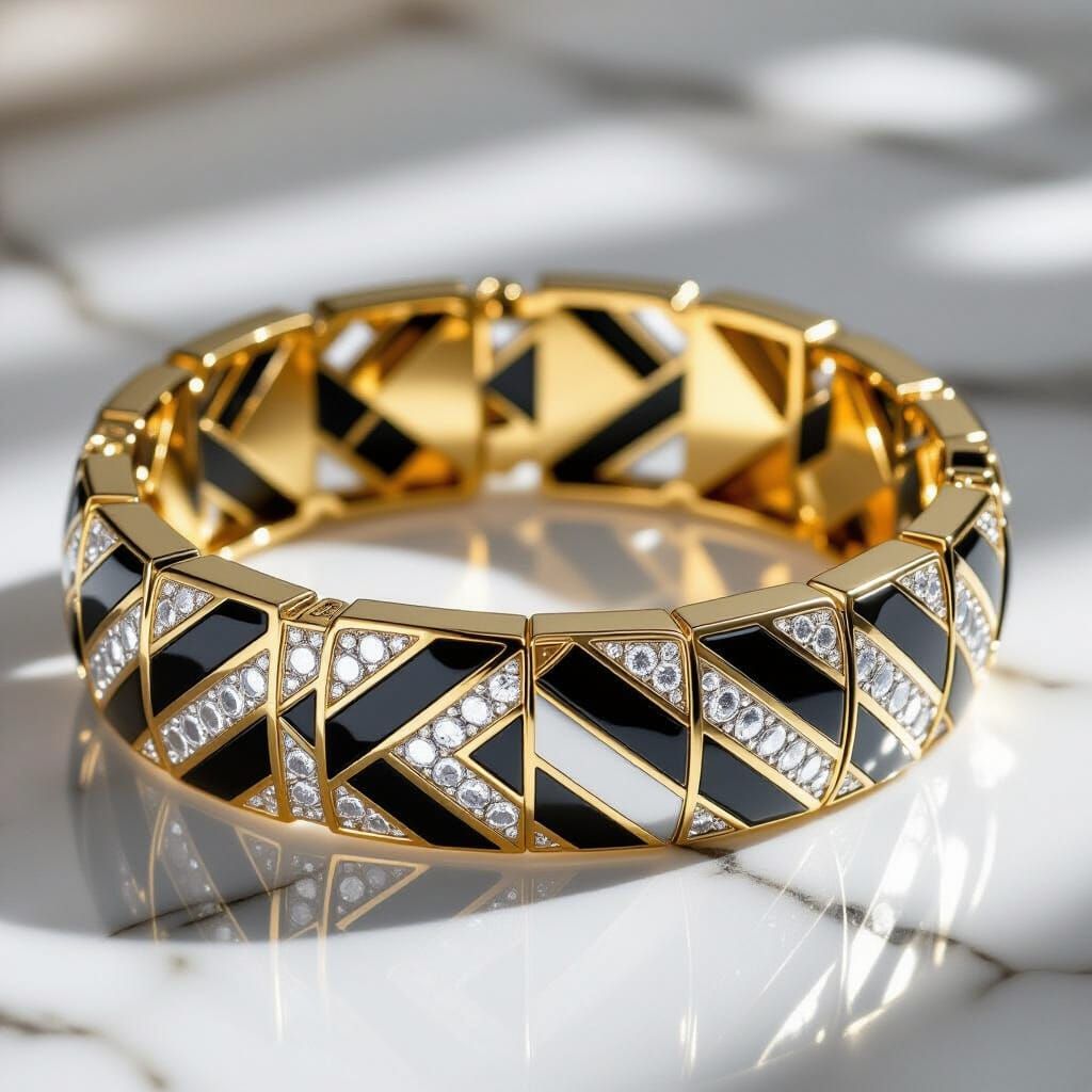 Art Deco Bracelet with Gold, Silver, and Onyx Chevrons