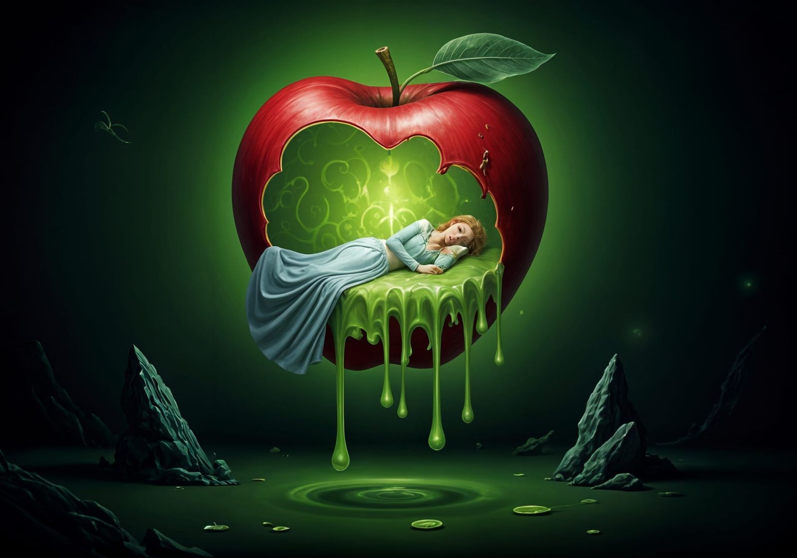 Surreal Beauty Drifts in a Dreamlike Green Apple Scene