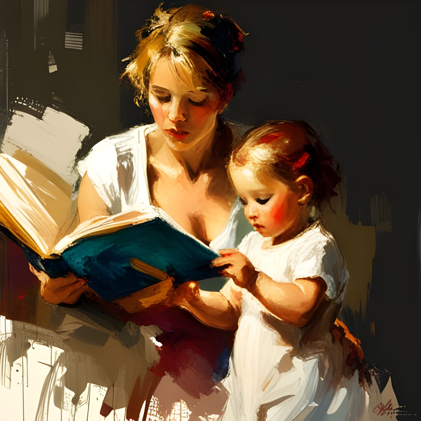 Mother and Daughter Reading, Oil Painting Style