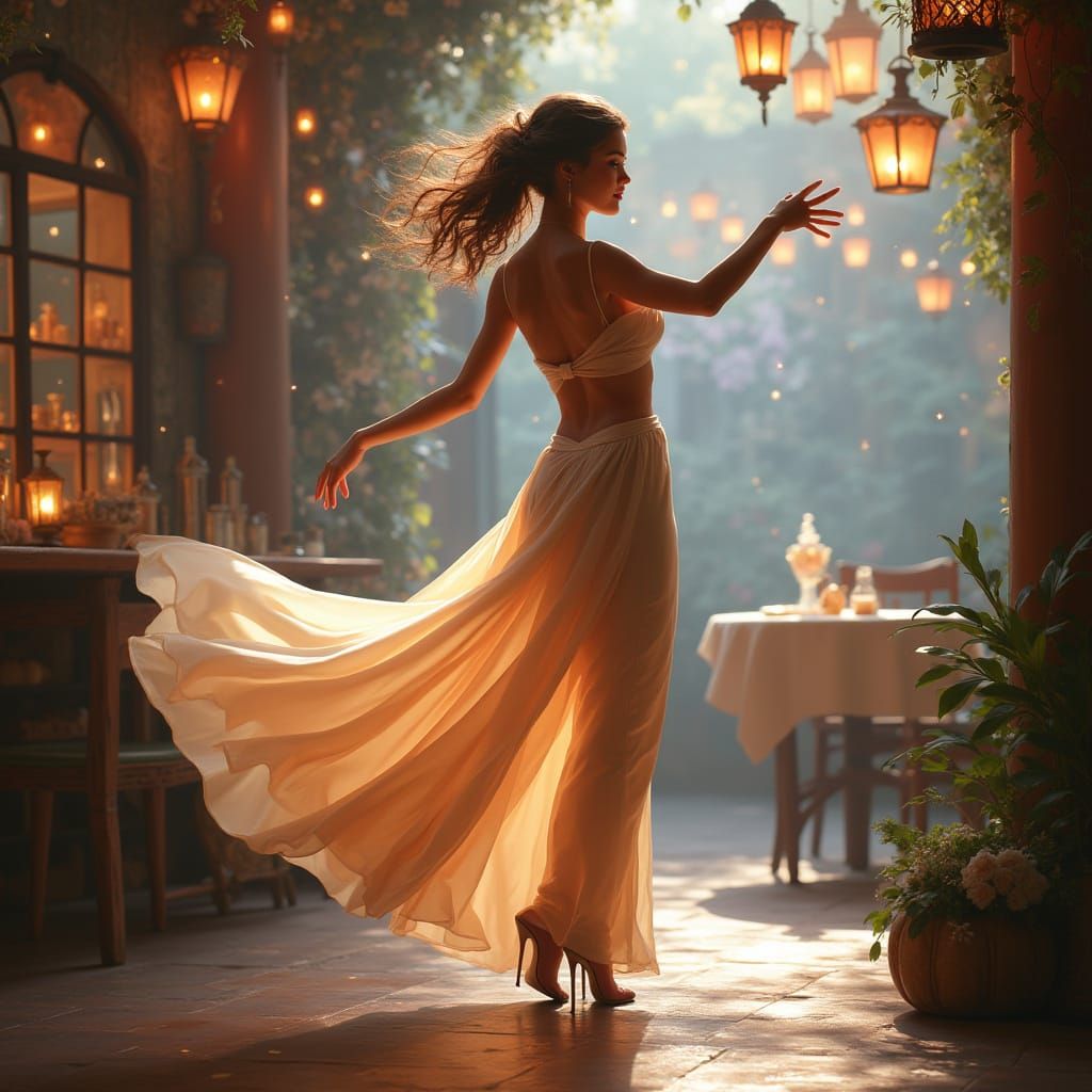Ethereal Woman Dancing in Enchanted Fantasy Cafe