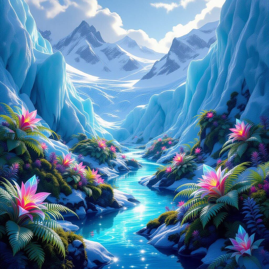 Surreal Antarctic Oasis: Glowing Flora Amidst Glaciers