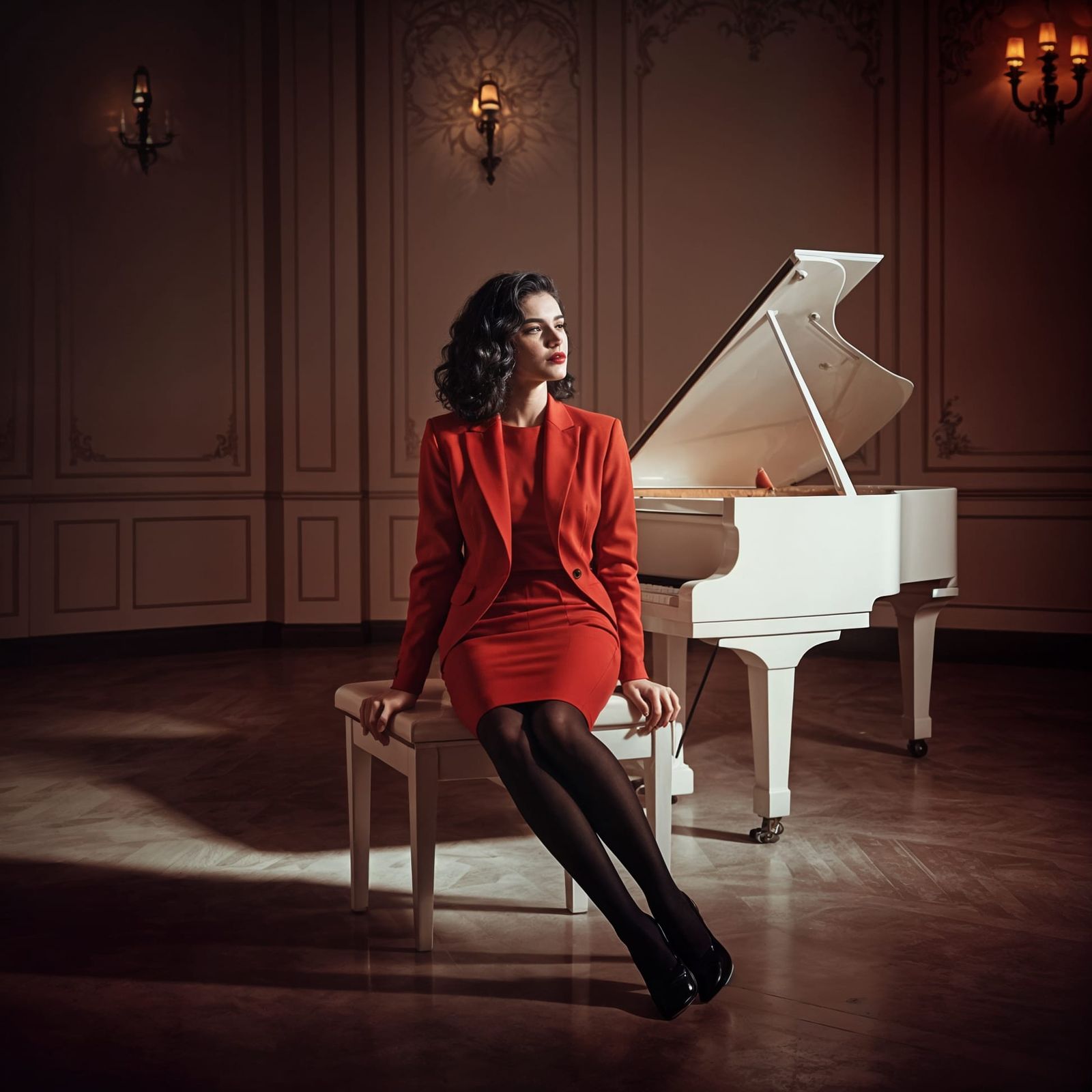 Elegant Woman in Red Suit Plays Piano in a Grand Room