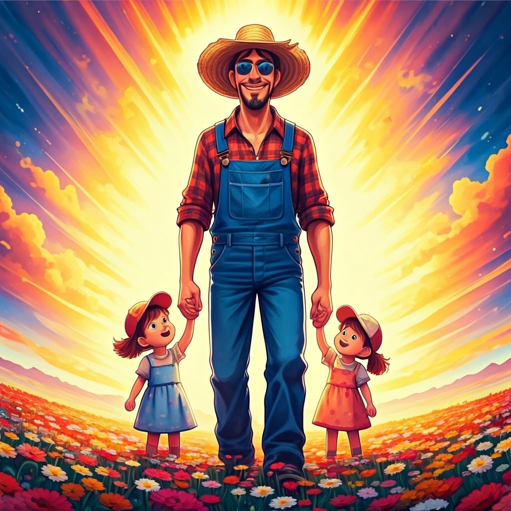 Happy Farmer and Daughters in Watercolor Flower Field