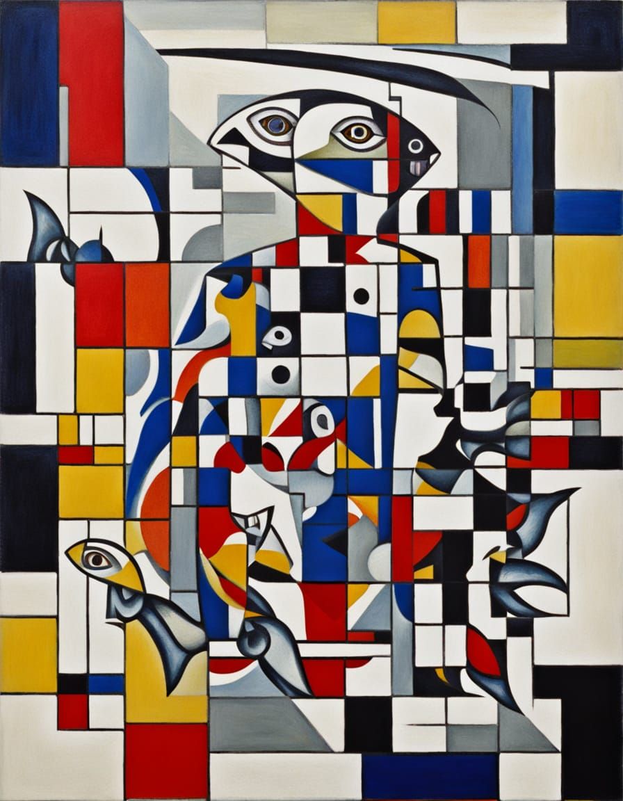 Abstract Cubist Diver in Primary Colors