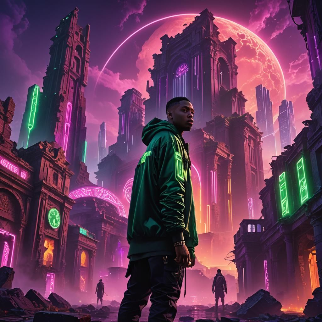 Central Cee in a Futuristic Mystic Cityscape