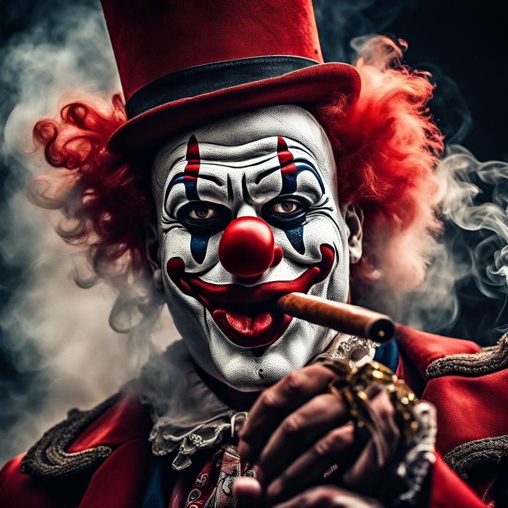Hyperrealistic Red Clown with Gun and Cigar