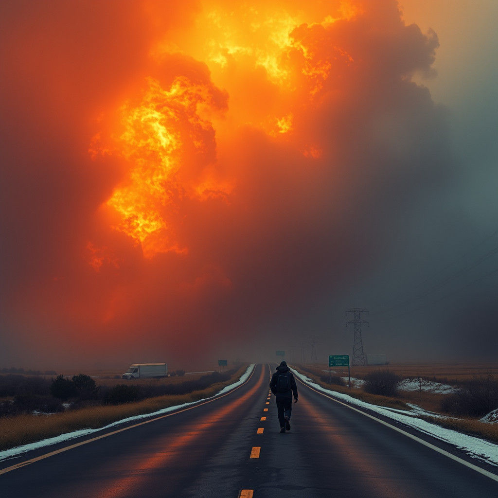 Apocalyptic Figure Walks Highway Amidst Explosions