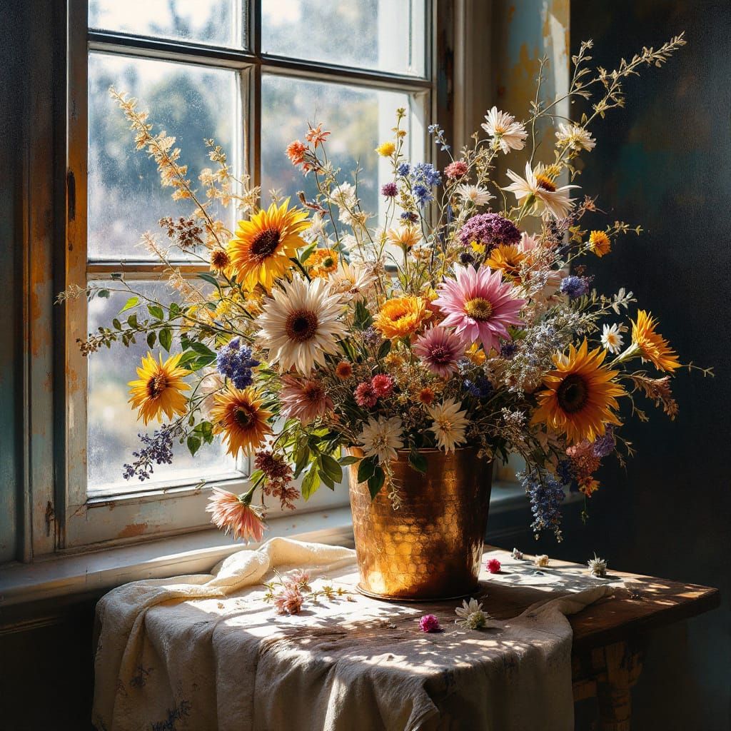 Hyperrealist Flowers in Copper Bucket with Radiant Lighting