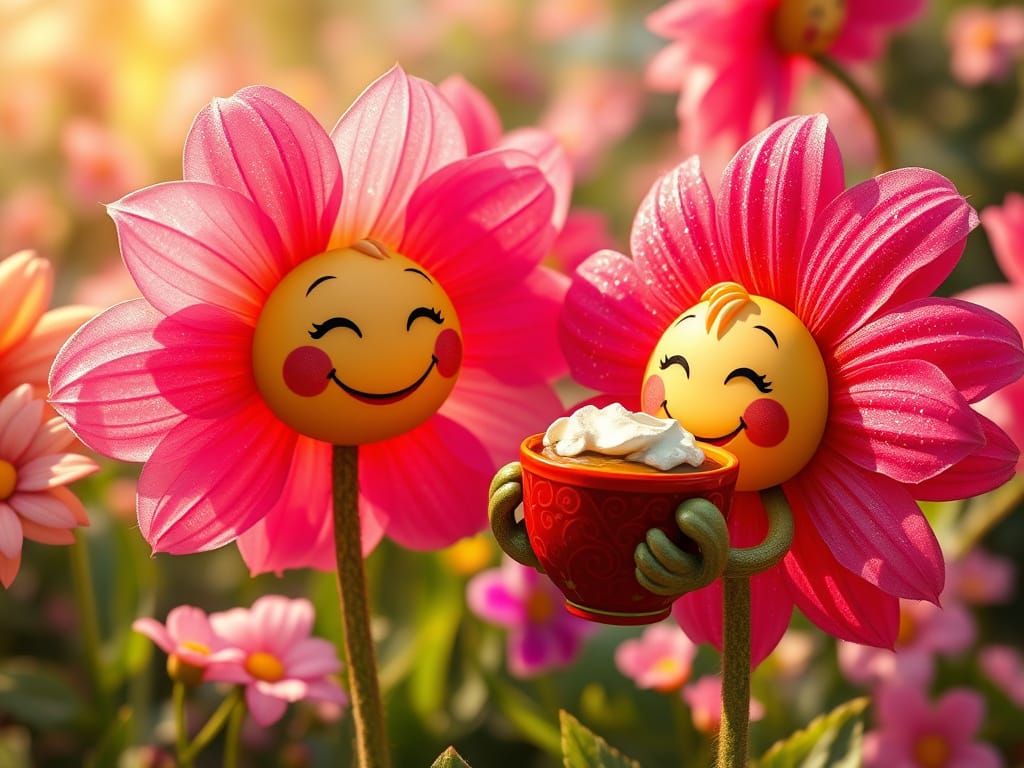 Vibrant Whimsical Garden Blooms with Magical Coffee Moment