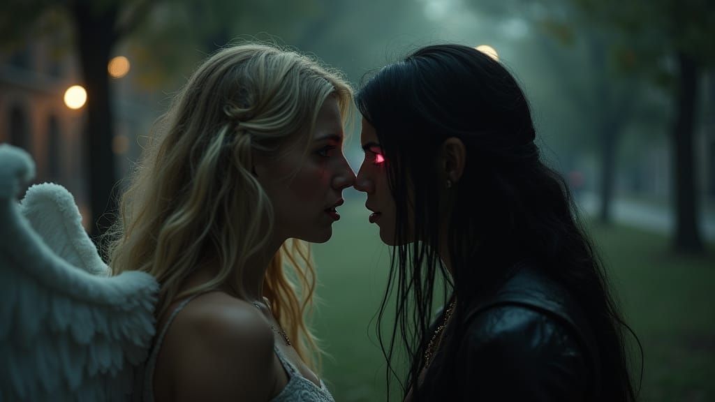 Female Guardian Angel Confronts Demon in City Park at Night