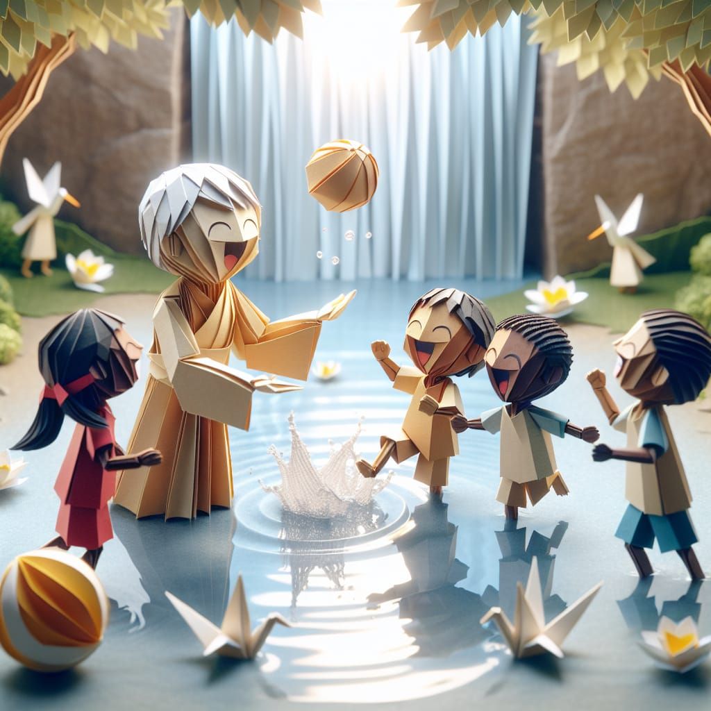 Joyful Children Playing Ball in Origami Style