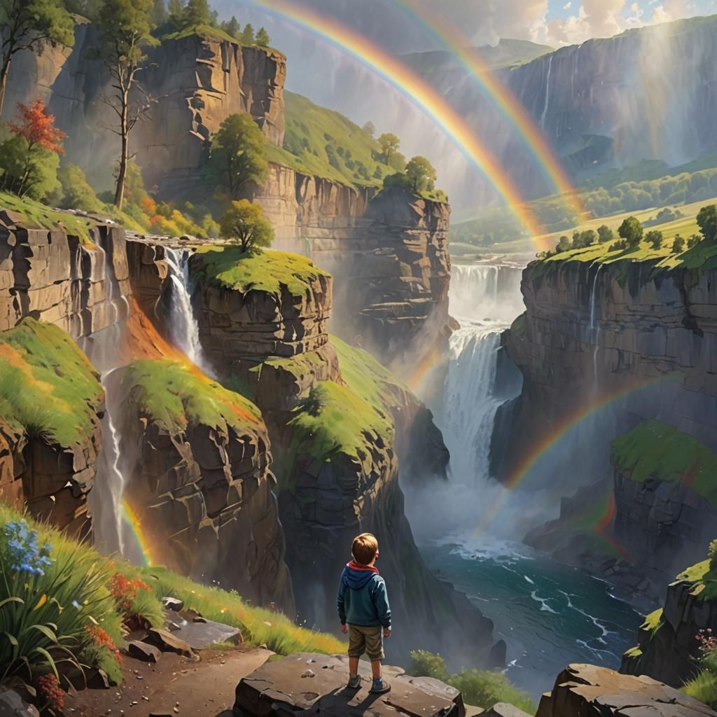 Impressionist Waterfall Scene with Rainbow and Child