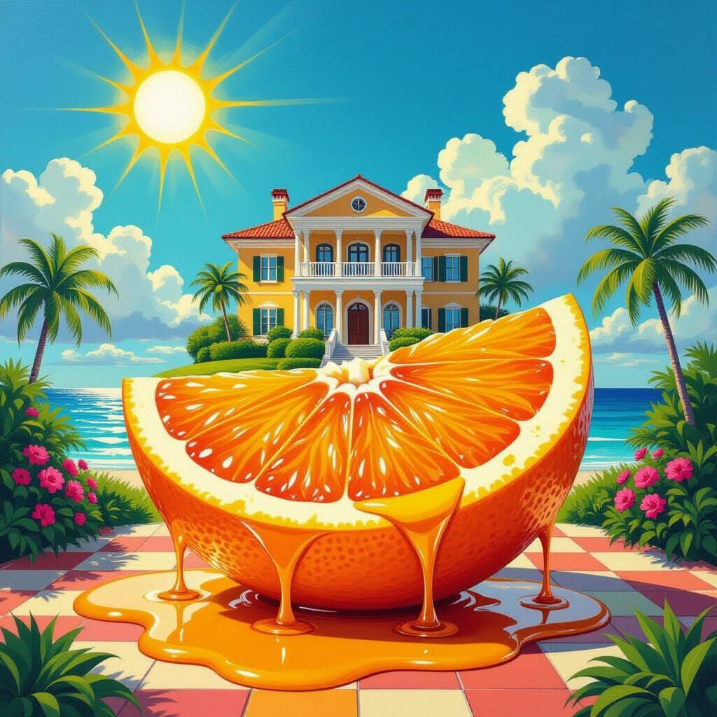 Giant Blood Orange Mansion Under Sunny Tropical Skies