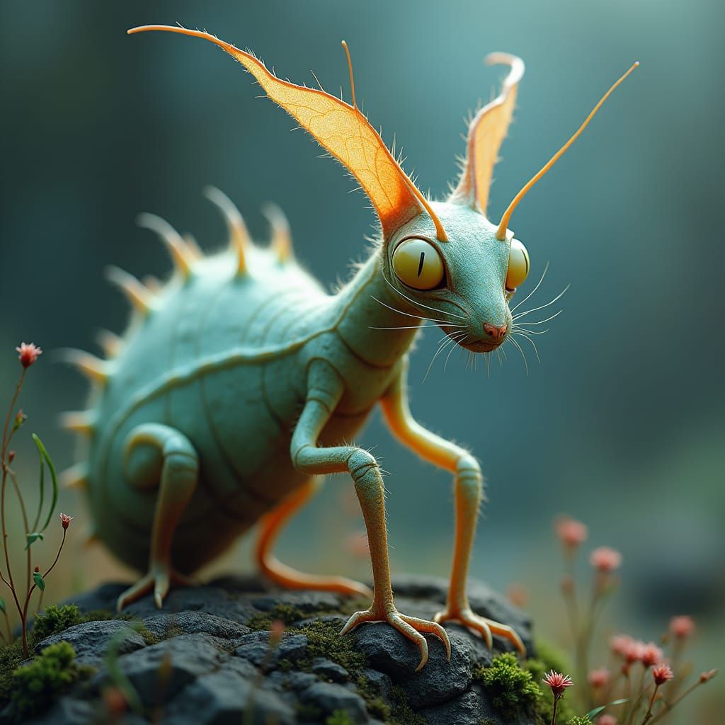Mystical Cat-Mantis Hybrid in Dreamlike Environment