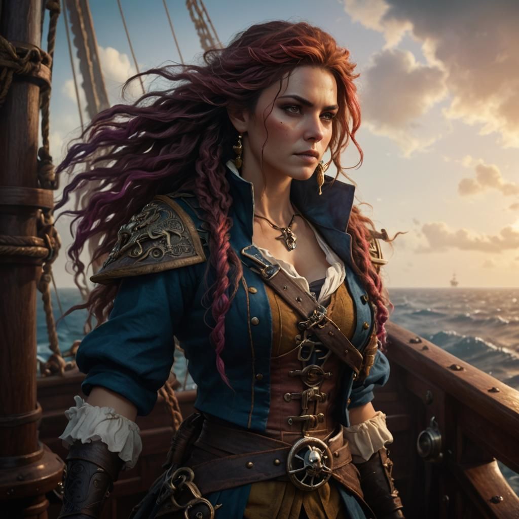 Epic Female Pirate Ship Portrait in High Fantasy Style
