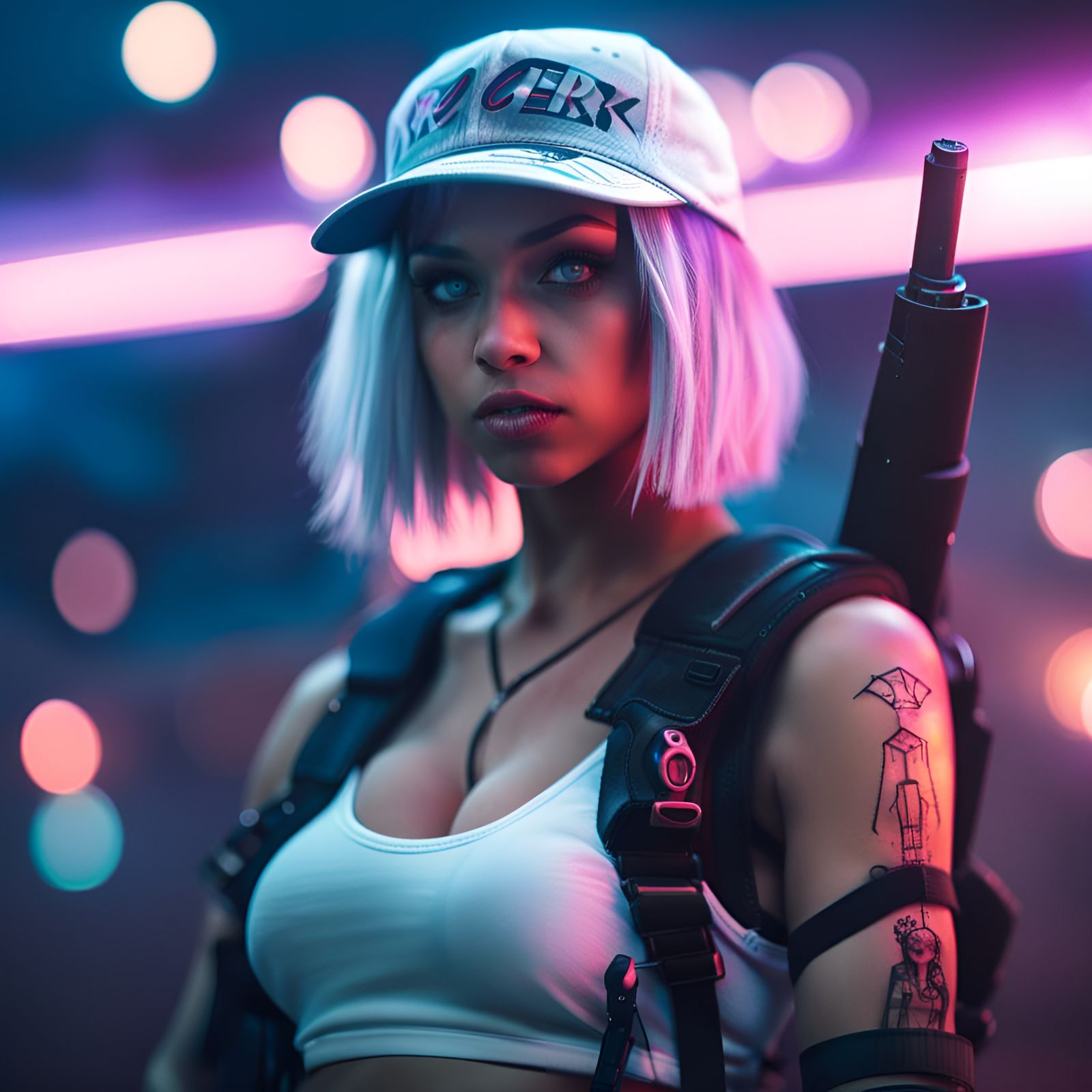 Cyberpunk Waifu with Laser Shotgun on Rooftop