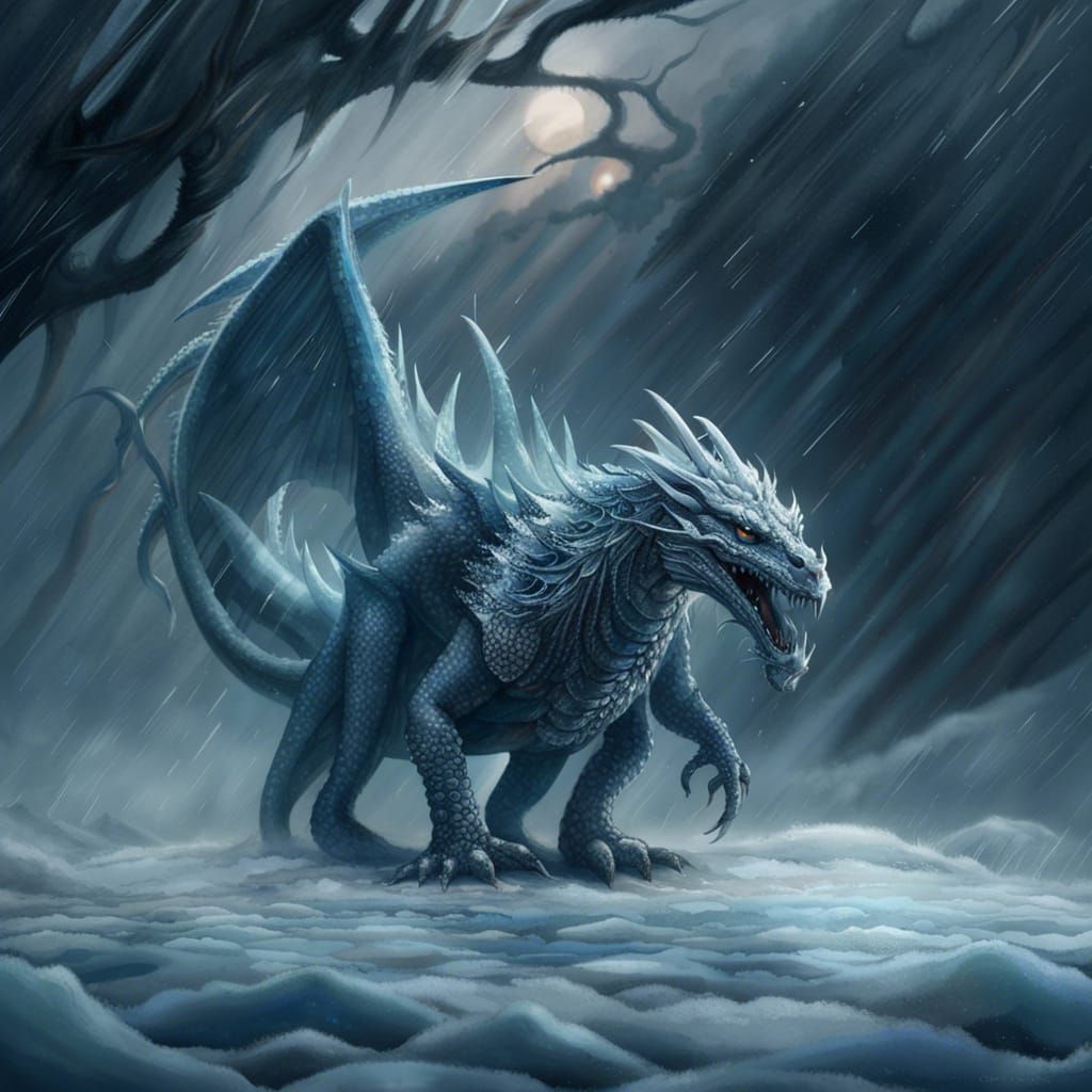 Sorrowful Ice Dragon in Winter Tempest: Digital Painting