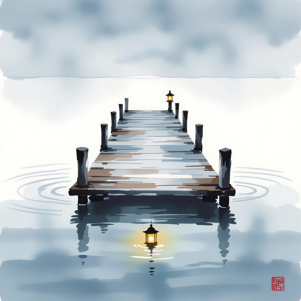 Minimalist Sumi-e Jetty Reflection in Calm Ocean