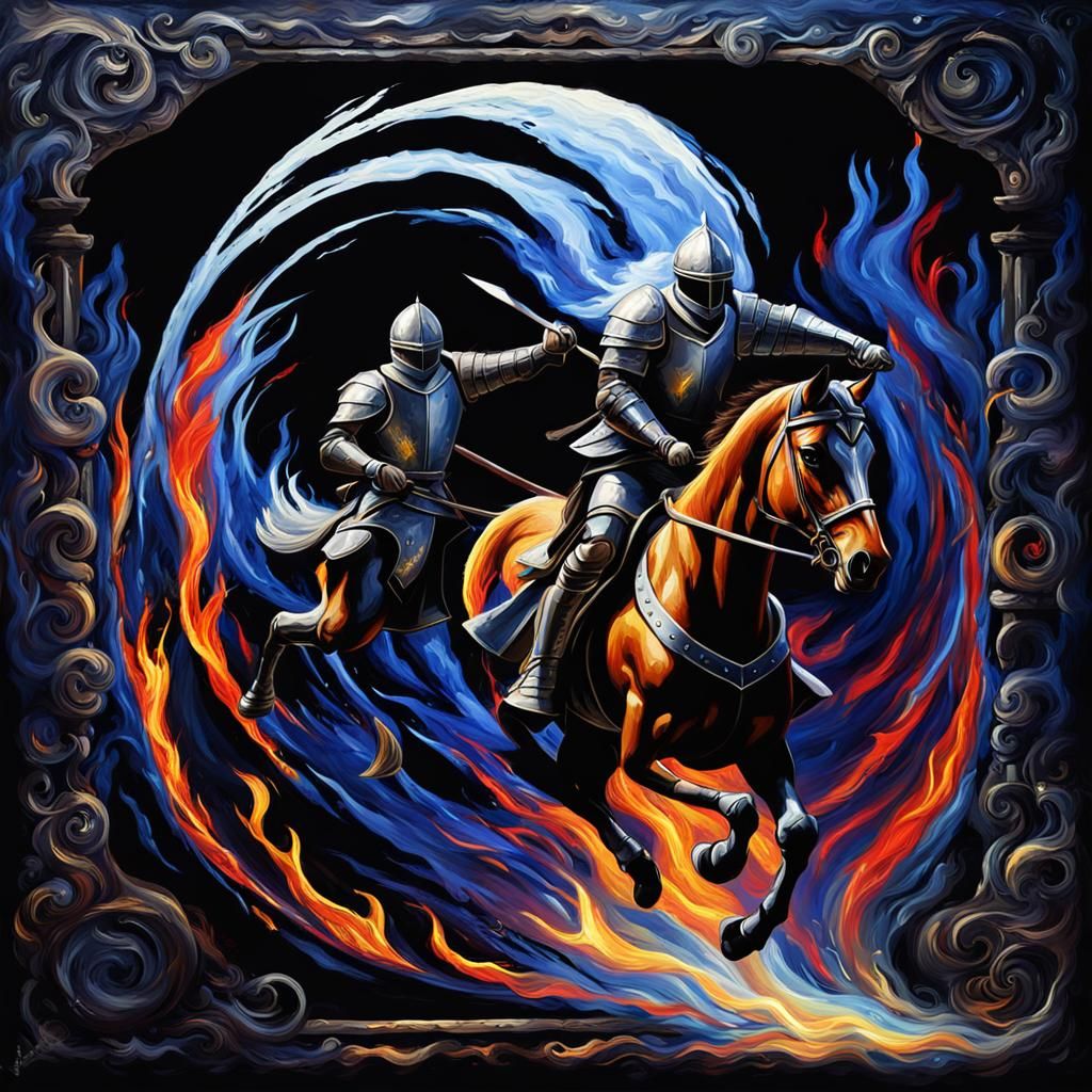 Knight Jumps Through Fire Ring: Oil Painting