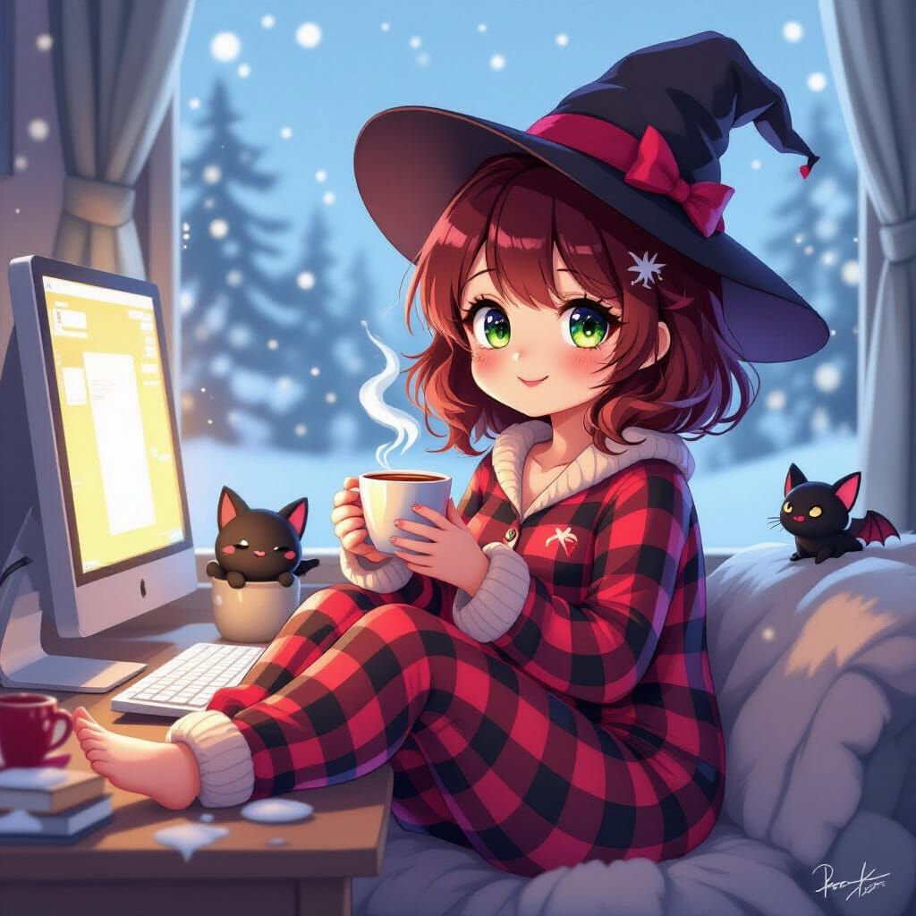 Anime Witch Girl With Crimson Hair And Green Eyes