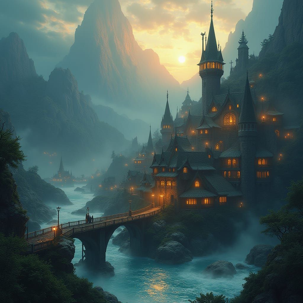 Medieval Ocean Village in Dark Fantasy Realism Oil Painting ...