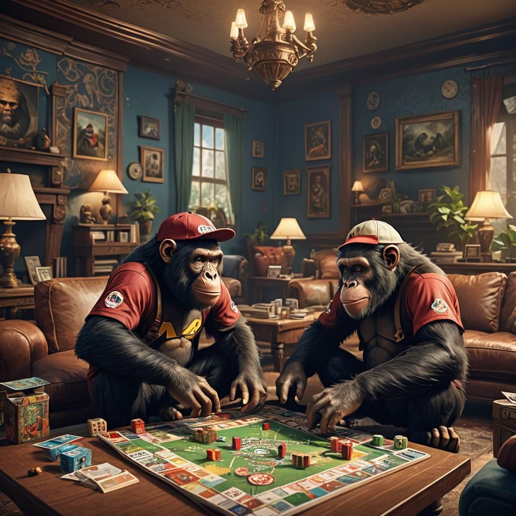 Apes Playing Board Game: Detailed Matte Painting