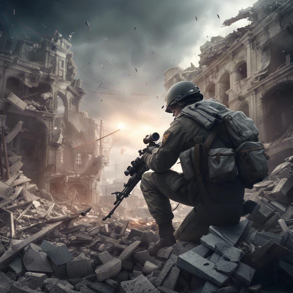 Soldier Assembling Sniper Rifle in Collapsed City