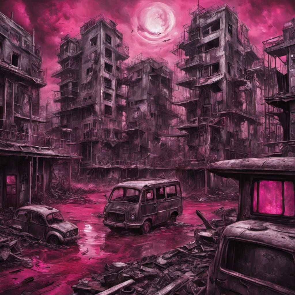 Surreal Post-Apocalyptic Painting in Magenta Hues
