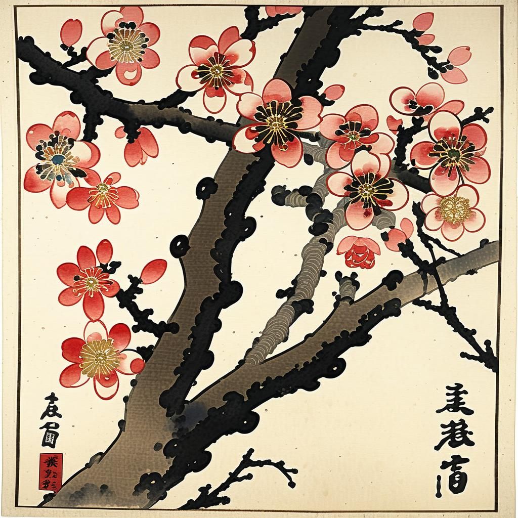 Plum Blossoms in Watercolor and Ink